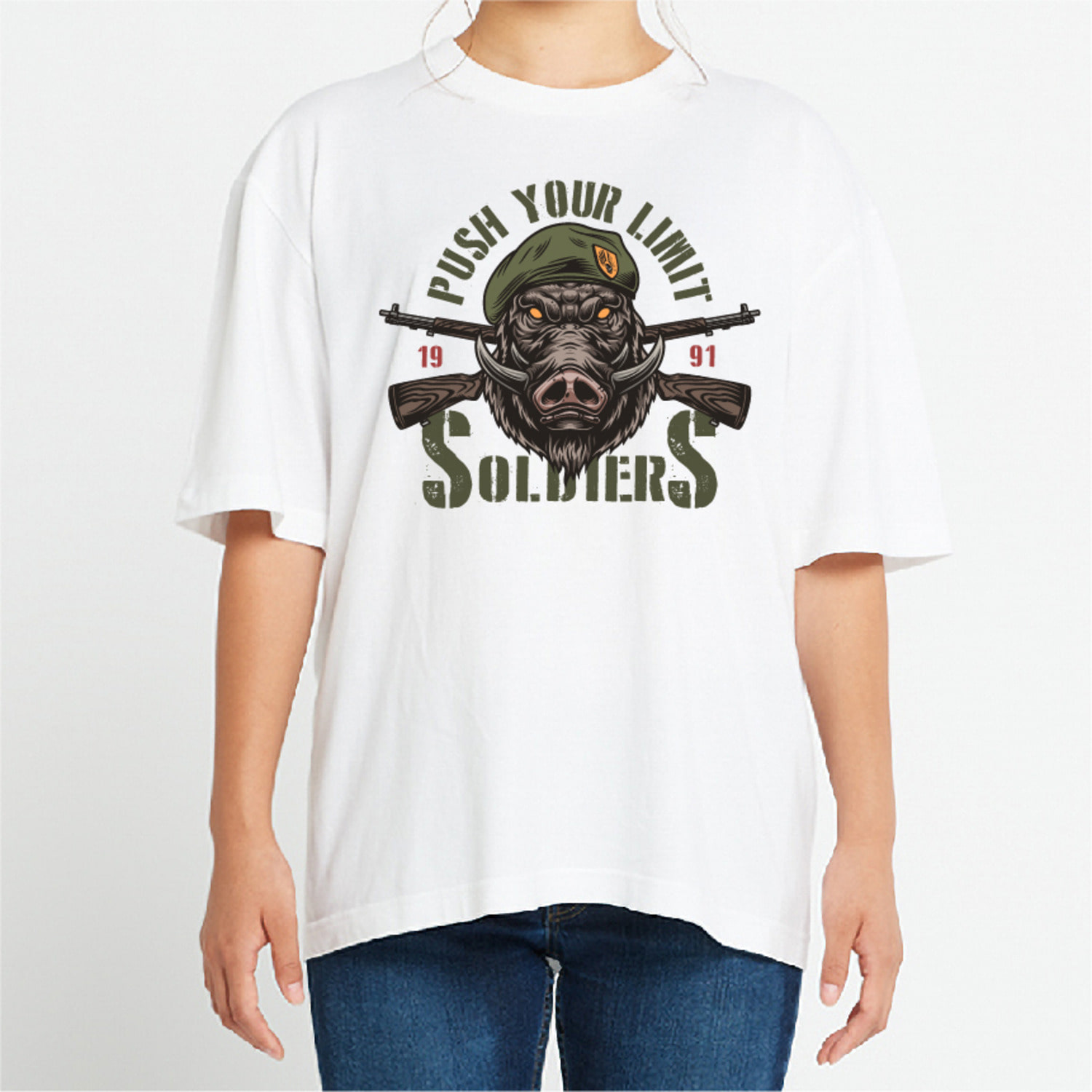 멧돼지 밀리터리 그래픽 오버핏 티셔츠 army.16
