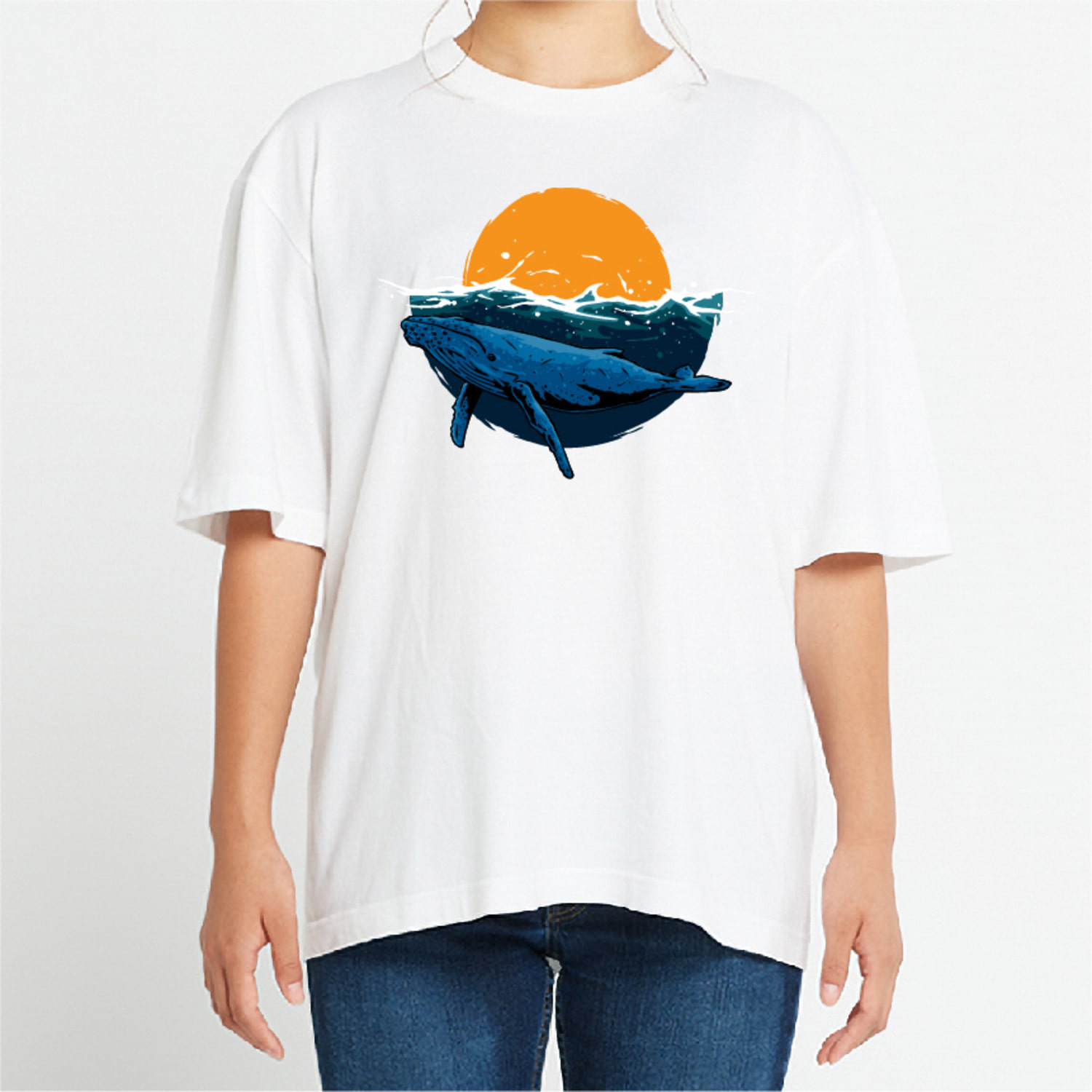 바다 고래 석양 그래픽 오버핏 티셔츠 animal.31