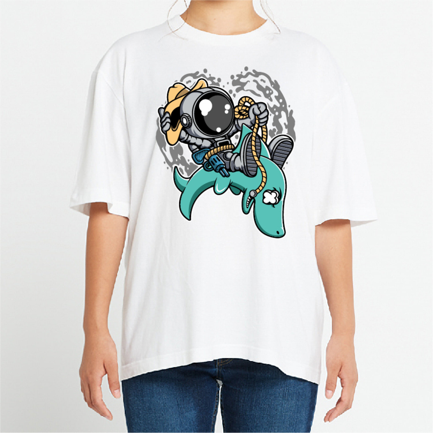 상어 탄 우주인 그래픽 오버핏 티셔츠 animal.40